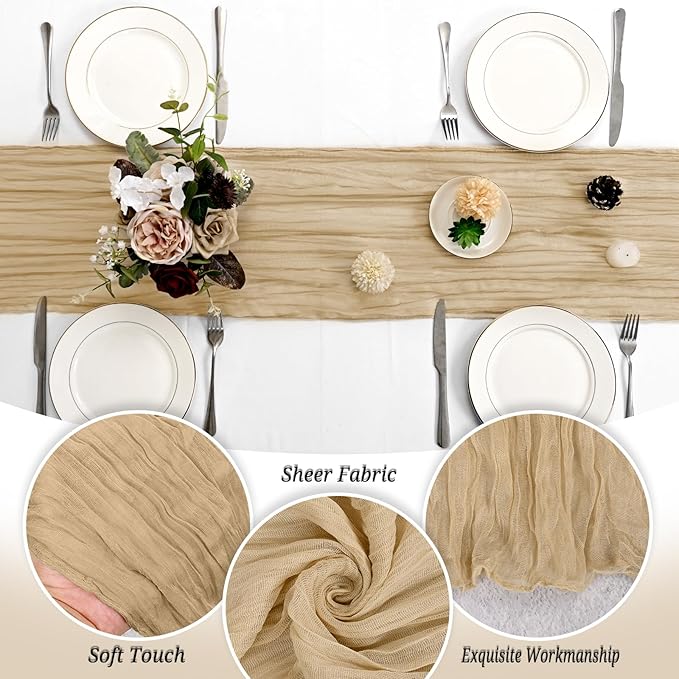 24 Pack Beige Cheesecloth Table Runner 120 inch Fall Thanksgiving Boho Rustic Gauze Farmhouse 10FT Cheese Cloth Runner for Baby Shower Wedding Party Holiday Home Decor