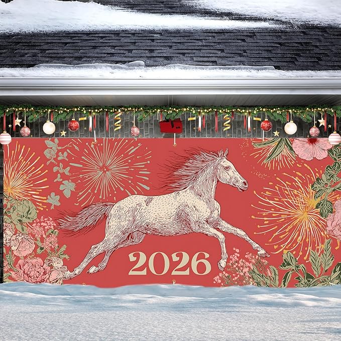 New Year Garage Door Banner 7x16FT, 2026 Fireworks and Running Horse Garage Door Cover, Large Outdoor Decoration for Garage Doors, Driveways, New Year Parties and Countdown Celebrations