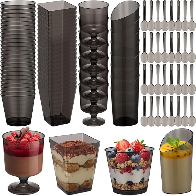 300 Pack Clear Black Mini Dessert Cups with Spoons 5oz 3oz Plastic Square Slanted Parfait Appetizer Shooter Round Goblet for Dessert Table Adult Birthday Party Pudding Ice Cream Cake Yogurt