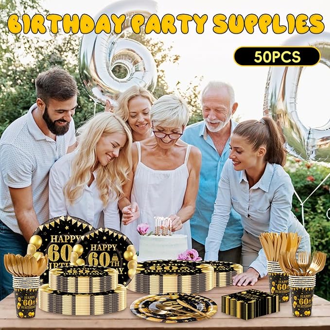 350PCS 60th Birthday Party Decorations for 50 Guests Black and Gold Party Supplies Include Disposable Paper Plates, Napkins, Cups, and Tableware