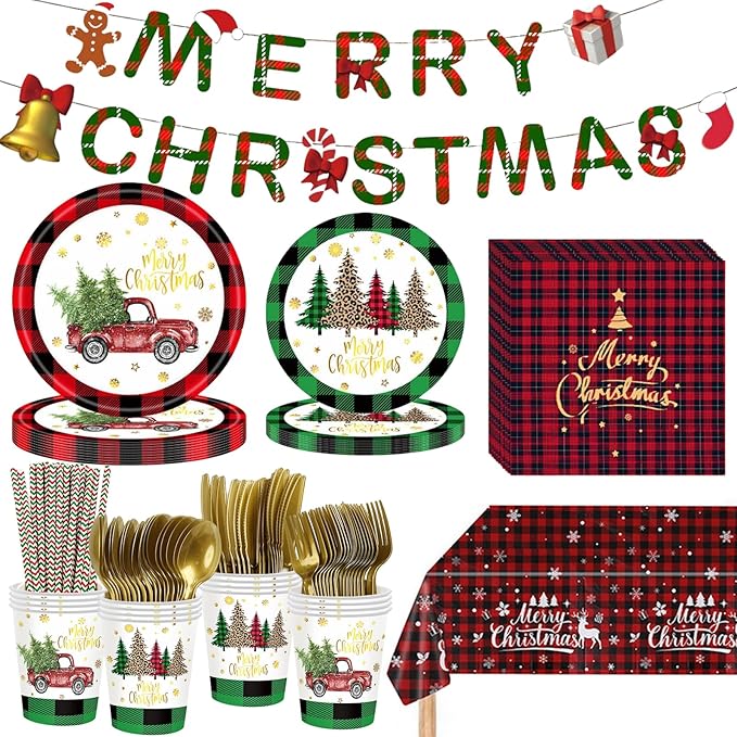 194 Pcs Christmas Paper Plates & Napkins Sets,Christmas Dinnerware/Tableware Disposable Sets Including Cups Straws Plastic Cutlery Banner Tablecloth for Xmas Party Supplies,Serves 24 Guests