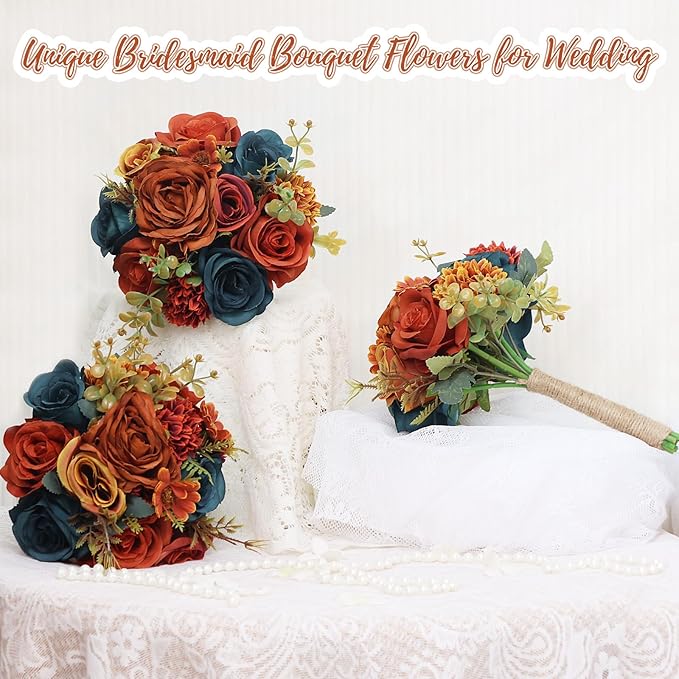 Set of 4 Bridesmaids Bouquets for Wedding - 7 inch Artificial Bridesmaid Bouquets Pre-Made Silk Rose Small Floral Bouquet for Vintage Fall Wedding Bridal Shower Marriage Proposal Party Ceremony