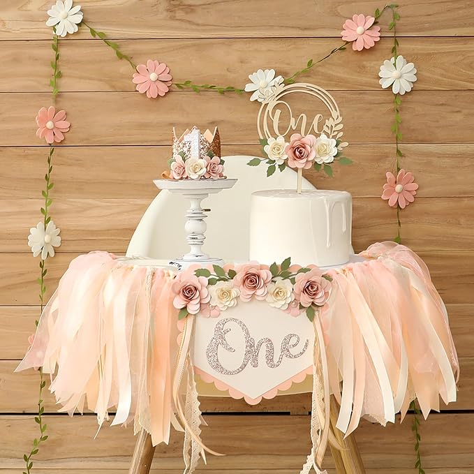 First Birthday Decorations for Girl Light Pink High Chair Banner One Flower Cake Topper Floral Hat Wildflower Garland 1st Birthday Decoration Supplies