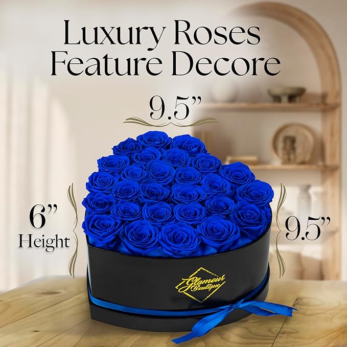 GLAMOUR BOUTIQUE 27 Flower Forever Heart Shape Box, Eternal Preserved Roses Gift for Her, Lasting Flowers, Premium Floral Heart Box for Birthday, Anniversary or Valentine’s Day, Blue (Color-Treated)