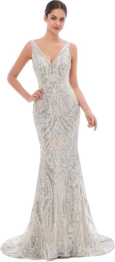 Women's Double V-Neck Sequins Lace-up Mermaid Evening Dress