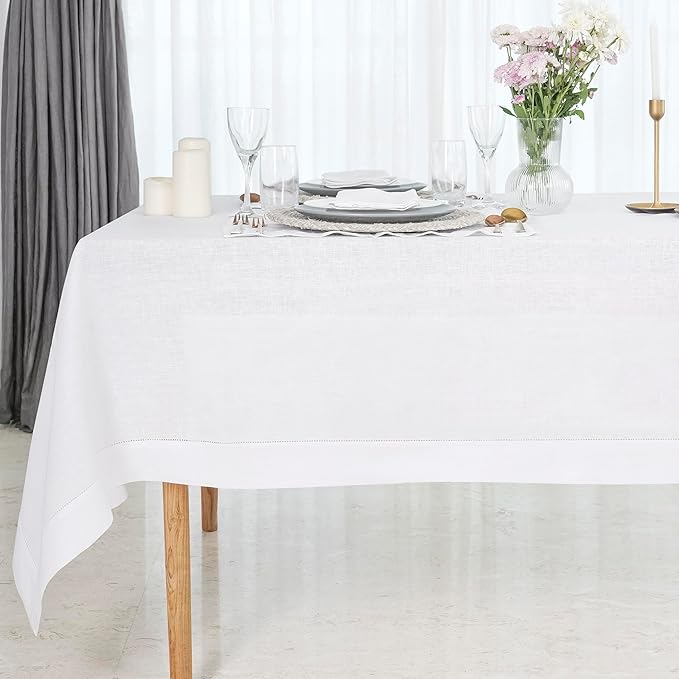 D'Moksha Homes White Linen Tablecloth 60 x 108 Inch - 100% Pure Linen White Table Cloth for Rectangle Tables - Classic Hemstitch, Machine Washable Tablecloth for Valentines, Spring, Easter