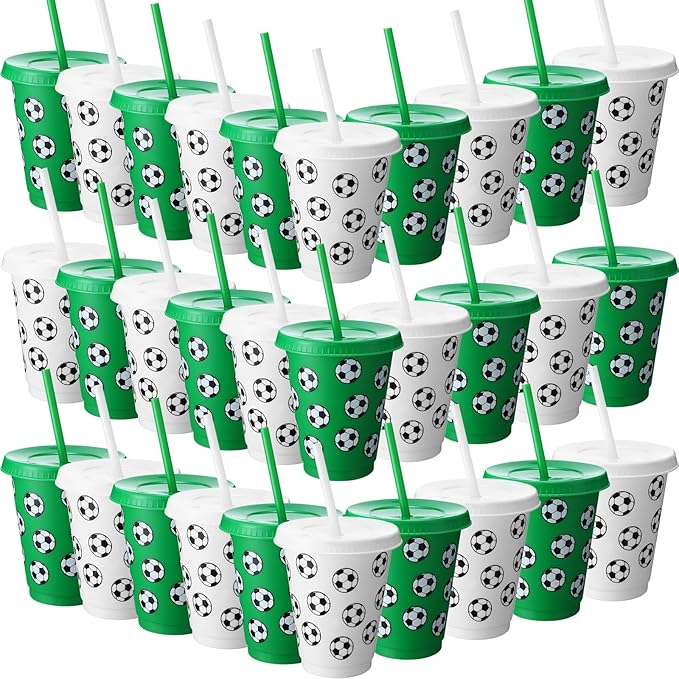 Sieral 30 Pcs Soccer Cups with Straws and Lids 16 oz Soccer Cups White Green Plastic Tumblers Reusable Iced Coffee Travel Mug for Sport Theme Party Supplies Decorations