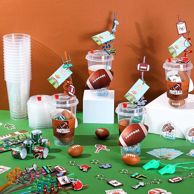 Party Favors Set with Cup Straw Cup Sleeve Bouncy Ball Mini Pinball Machine Keychain Sticker Clap Bracelet Tag for Sport Reward Birthday Gift Party Supplies(195 Pcs,Football)
