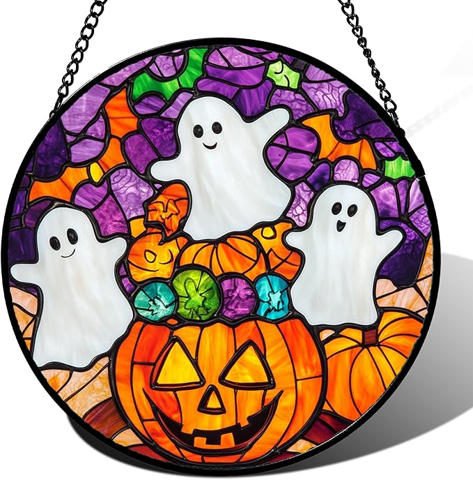 Stained Glass Window Hanging Halloween Horror Pumpkin White Ghost 9.8" - Suncatcher Door Garden Sunroom Gothic Style Sun Catcher Birthday for Friend Mom Men Woman Nana