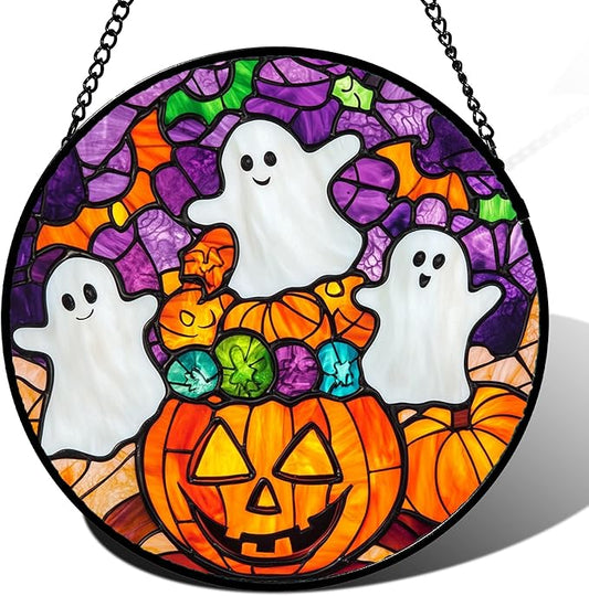 Stained Glass Window Hanging Halloween Horror Pumpkin White Ghost 9.8" - Suncatcher Door Garden Sunroom Gothic Style Sun Catcher Birthday for Friend Mom Men Woman Nana