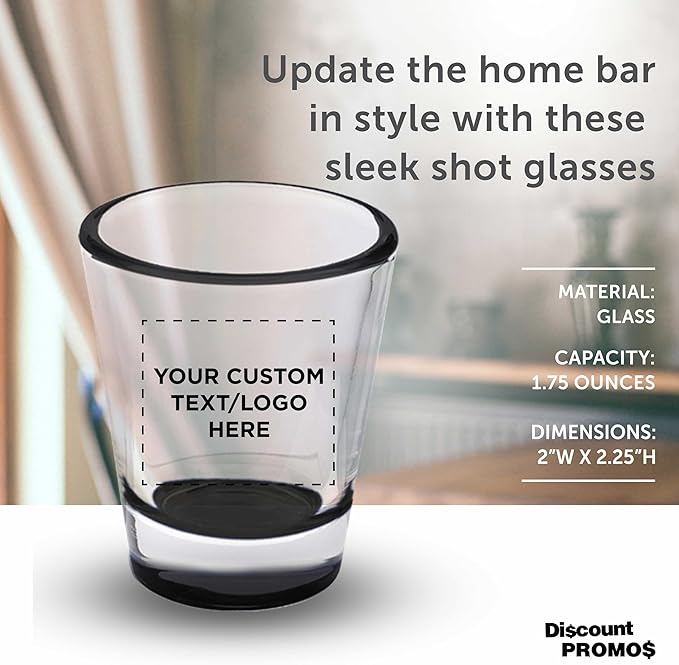 DISCOUNT PROMOS Custom Shot Glasses 1.75 oz. Set of 10/50/100, Personalized Bulk Pack - Great for Wedding Favors, Bachelorette Decorations, Party Favors - Black Bottom Color