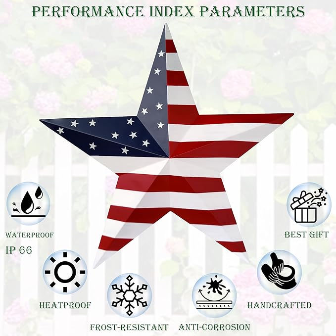 JoyEvy 23.4“ Patriotic Metal Barn Star Wall Decor, American Flag Stars for House Ornaments, Indoor Outdoor Wall Hanging Primitive Decor Star for 4th of July Decoration