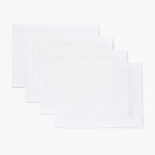 Solino Home Linen Placemats Set of 4 - Classic Hemstitch White Placemats 14 x 19 Inch - 100% Pure Linen Table Mats for Winter, Valentines, Spring, Easter