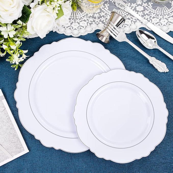 Liacere 175pcs Silver Plastic Plates - White and Silver Disposable - 25guest Baroque Plastic Dinnerware include 50Plates, 25Pack Pre Rolled Napkins with Silverware 25Cups for Christmas ＆ New Year