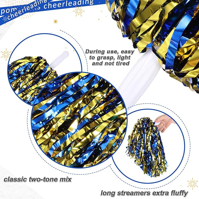Hanaive 100Pcs Metallic Cheerleading Pom Poms with Baton Handle Cheerleader Pompom Foil 30g Cheering Squad Hand Flowers for Adults Team Spirit Sports Party Cheering