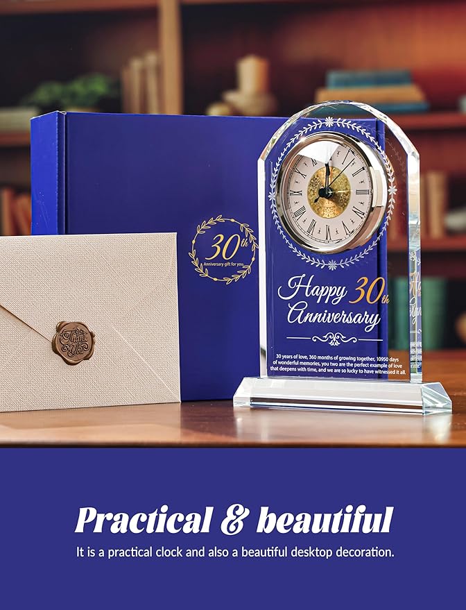 30th Wedding Anniversary Crystal Quartz Clock,30 Years of Marriage Gift,Happy Pearl Anniversary Decoration Gift,for Parents,Grandparents,Couple