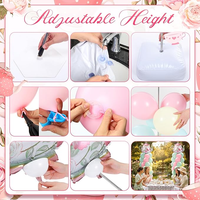 Kasyat 2 Set Tea Party Balloon Column Stand Kit with Adjustable Pastel Foil Balloon Arch Tea Party Decor for Spring Bridal Shower Wedding Baby Shower Teapot Birthday Decorations