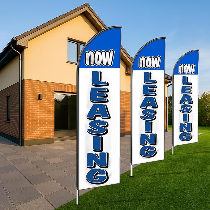 OnPoint Wares Now Leasing King Feather Flag Kit - 3 Pack, 2.5 ft x 12 ft, Blue & White, Leasing Promotion, Outdoor Advertising, Property Promotion