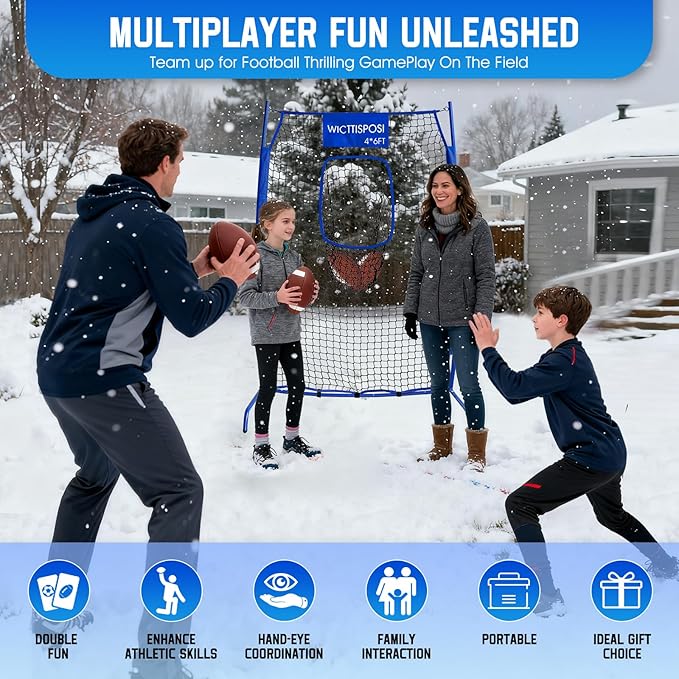 Football Throwing Net, Upgrade Heavy Duty Metal Frame Quarterback Training Equipment Throwing Machine with 1-4 Targets, Easy Setup Football Target Practice with CarryBag, Allweather Indoor Outdoor Use