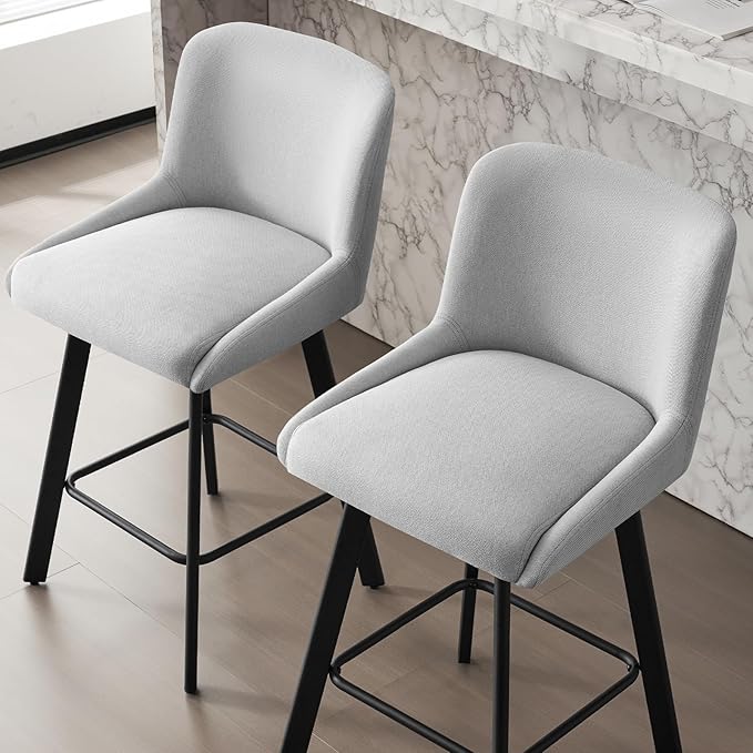 Swivel Bar Stools Set of 2, 29''H Upholstered Barstools with Backs, Modern Counter Height Bar Stool Chairs for Kitchen Island, Metal Legs, Fabric, Light Gray Counter Stools