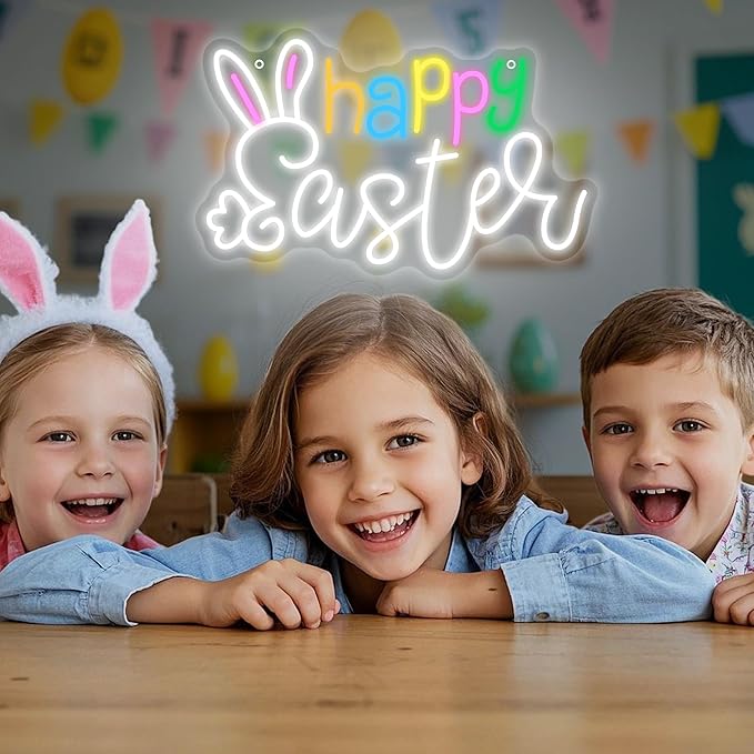 Happy Easter Led Neon Sign, Cute Bunny Ear Light Up Sign, Easter Home Wall Decor for Bedroom, Bar, Window, Spring Party Gifts