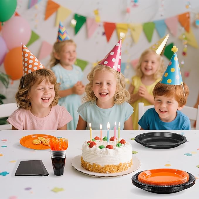 MirthMood 350PCS black and orange Plastic Plates,Black Disposable Plates –Plastic Plates Set Includes 50 Dinner,50 Dessert Plate,50 Cup&50 Napkins, 50 orange Silverware for Parties&Thanksgiving