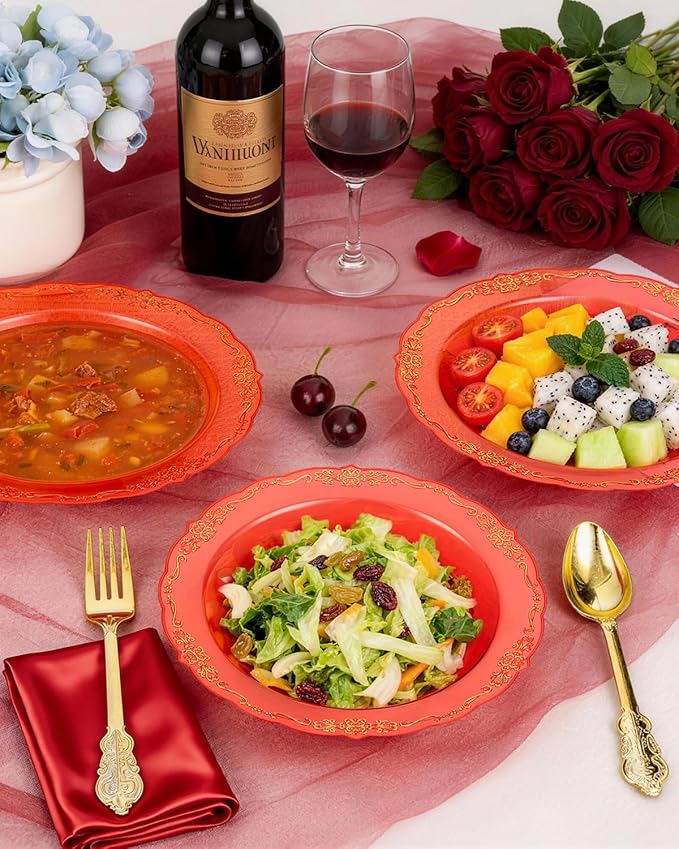 100 Pack Clear Red Plastic Bowls with Gold Rim, 12oz Plastic Salad Bowl, Disposable Bowls for Party, Dinners, Weddings, Christmas, Thanksgiving, Valentine's Day