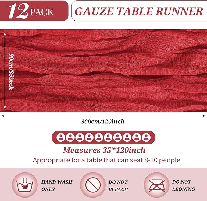 12 Pack Cheesecloth Table Runner 35 x 120 inch Long Boho Cheese Cloth Gauze Table Runners Semi Sheer Table Runner for Wedding Decor, Bridal Shower, Birthday Party (Red)