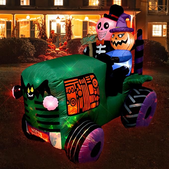 5.5Ft Long Halloween Inflatable Ghost Tractor Decoration with LED Lights Halloween Blow up Car Outdoor Indoor Holiday Decorations Yard Decor Giant Lawn Inflatable Garden Party Decoration