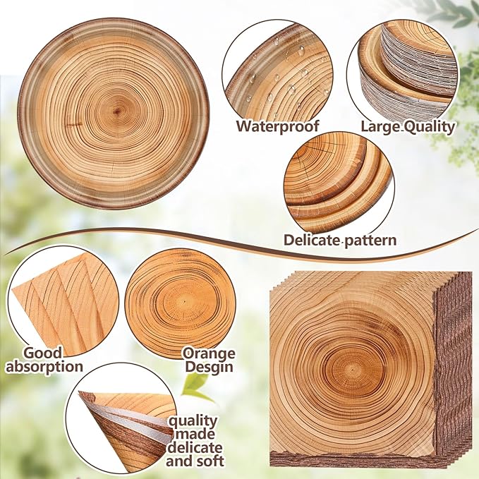 452 Pcs Camping Wood Grain Party Decorations Rustic Wood Disposable Paper Plates Napkins Cups Tablecloth Cutlery Straws for Forest Themed Party Decorations Hunting Birthday Supplies