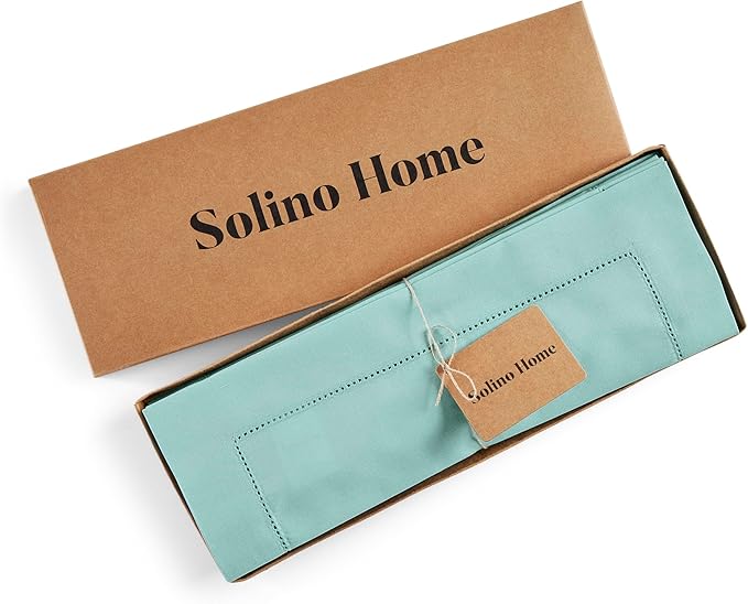 Solino Home Cotton Linen Placemats Set of 4 - Hemstitch Pastel Turquoise Placemats 14 x 19 Inch - Machine Washable Table Mats for Spring, Easter