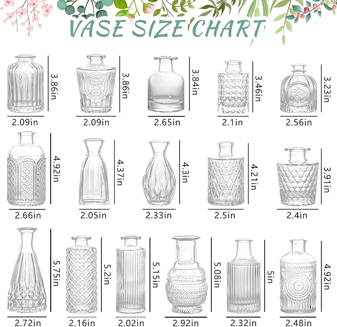 16pcs Glass Bud Vase Set, Small Clear Flower Vases for Centerpieces in Bulk, Cute Mini Vintage Vase for Wedding, Home Decor, Table Decoration