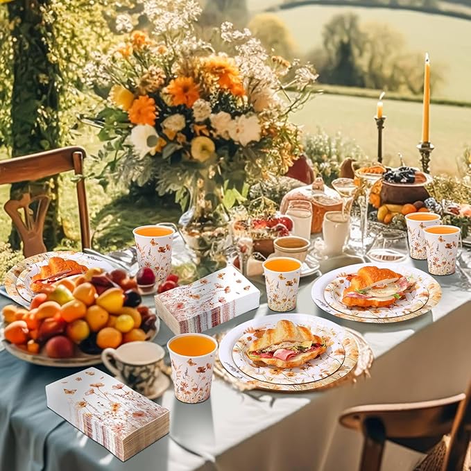 400 Pcs Fall Wild Floral Disposable Paper Plates Napkins Cups Serve 50 Floral Tableware Set for Autumn Thanksgiving Harvest Wedding Tea Party Decoration Bridal Shower Baby Shower