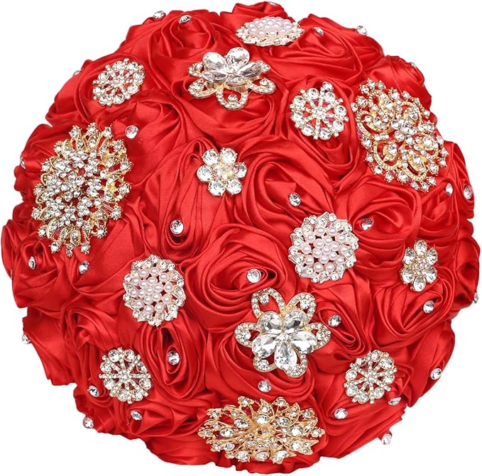 Red Handmade Wedding Bridal Bouquet with Luxury Gold Rhinestone Brooch Satin Rose Flower Bouquet for Bride Bridesmaid Quinceanera Wedding Bouquet Red 7.5in