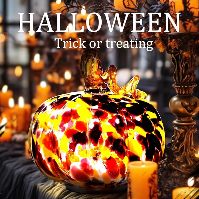 Handcrafted Glass Pumpkin with Warm LED Lights - Halloween & Thanksgiving Decor, Gift-Worthy Fall Home Decoration, 5.9-Inch Light-Up Tabletop Centerpiece (Vine Orange and Purple)