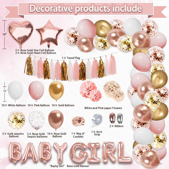 301Pcs Baby Shower Decorations For Girl, Girl Baby Shower Decorations Kits - Disposable Dinnerware Set With Pink Rose Gold Floral (50 Guest), "BABY girl" Banner, Balloon, Sash, Cake Topper