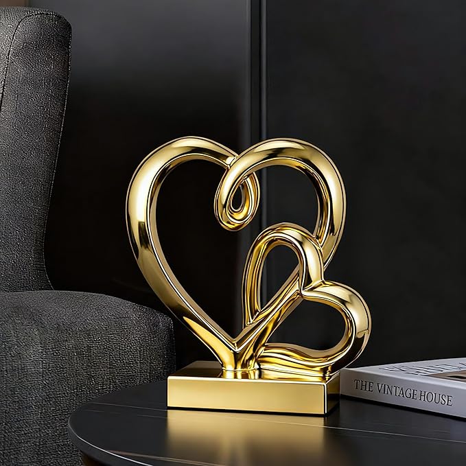 Valentine's Day Wedding Anniversary Couples Gifts-Two Hearts Decor Resin Statue,1st to 50th for Her/Him,Engagement Present, Shimmering Love Symbol for Couple, Romantic Home Accent