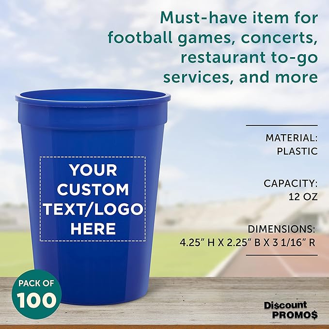 Custom Disposable Plastic Cups 12 oz. Set of 100, Personalized Bulk Pack - Perfect for Summer, Sporting Events, Birthdays, Weddings, Picnic, Beach, Parties - Reflex Blue