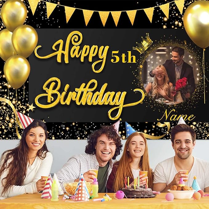 Custom Black and Gold Happy Birthday Party Decorations Supplies Personalized Black and Gold Birthday Backdrop Banner(5x7.5ft)