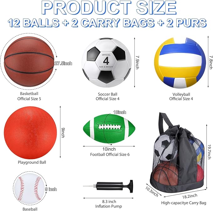 Deekin 12 Pcs Assorted Sport Ball Set for Kids Official Size Basketball Football Volleyball Soccer Baseball Playground Ball with Bag and Pump for Valentine's Kid Youth Gift