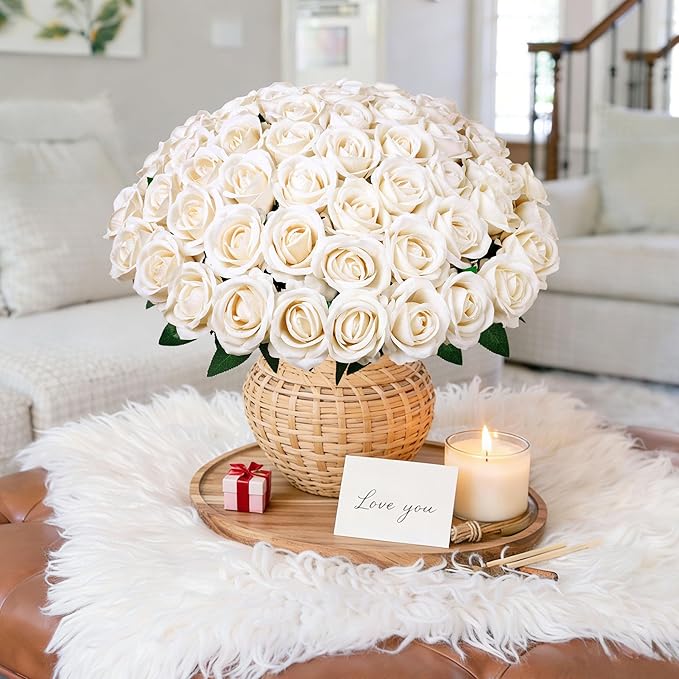 50 PCS Champagne Roses Artificial Flowers, Fake Roses with Stem Realistic Silk Rose for DIY Wedding Bouquets Table Centerpieces Arrangements Baby Shower Birthday Home Decor Valentines Day Gift for Her