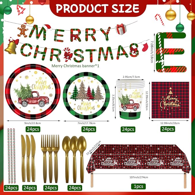 194 Pcs Christmas Paper Plates & Napkins Sets,Christmas Dinnerware/Tableware Disposable Sets Including Cups Straws Plastic Cutlery Banner Tablecloth for Xmas Party Supplies,Serves 24 Guests