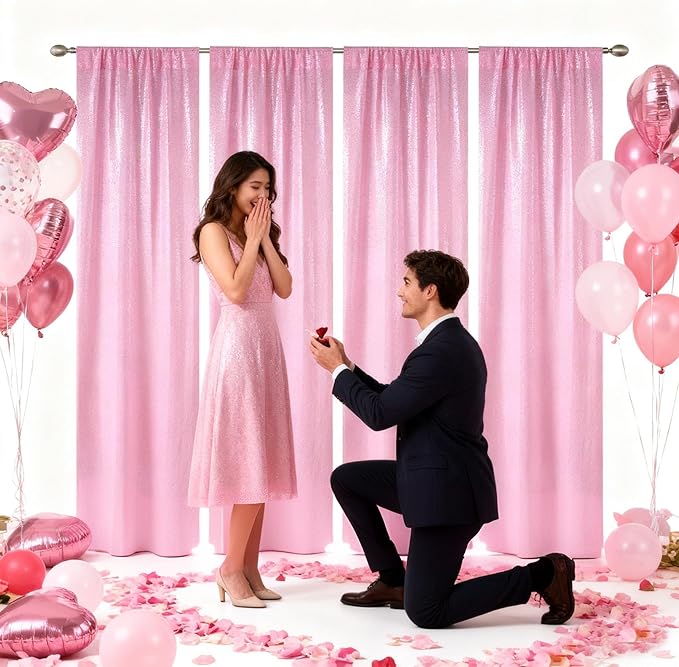 Pink Sequin Backdrop Curtain - 4PCS (2FTx8FT) Glitter Photo Background for Wedding, Christmas, Party, Baby Shower & Stage Decorations (Pink, 2x8ft 4 Panels)