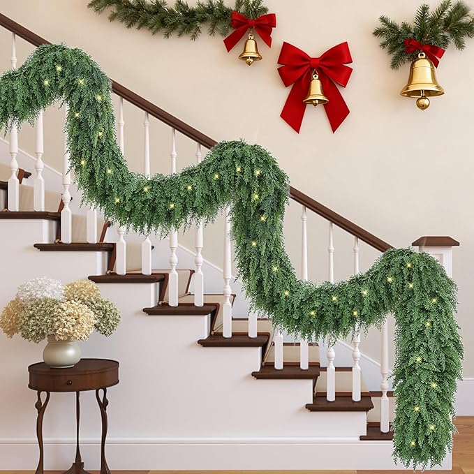 Cedar Christmas Garland for Mantle - Decorations with Lights 9 ft Realistic Lighted Faux Pine Garlands for Xmas Stairs Railing Fireplace Prelit Home Decoration Indoor Outdoor 9ft Garland Door Decor