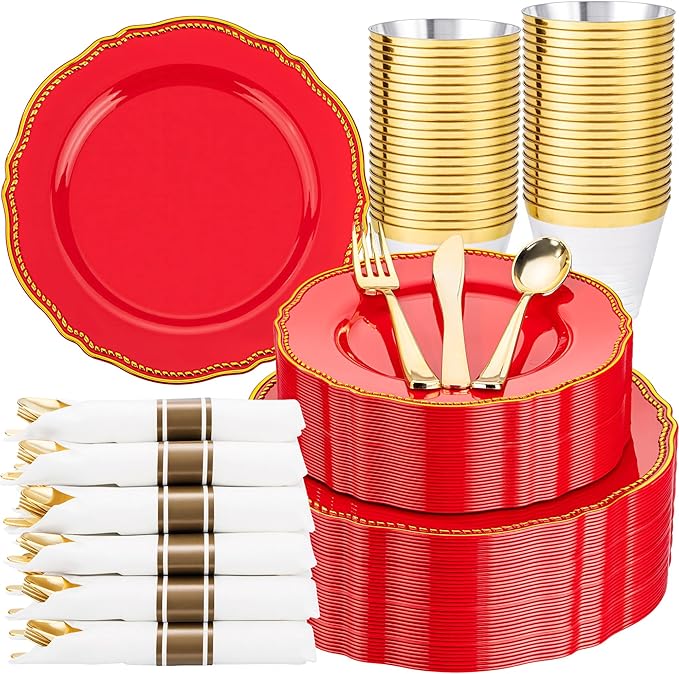 Hioasis 350pcs Red Gold Plastic Plates - Red Plastic Dinnerware Set Includes 50 Dinner Plates, 50 Dessert Dinnerware, 50 Cups, 50 Pre-rolled Napkins Perfect for Wedding & Party