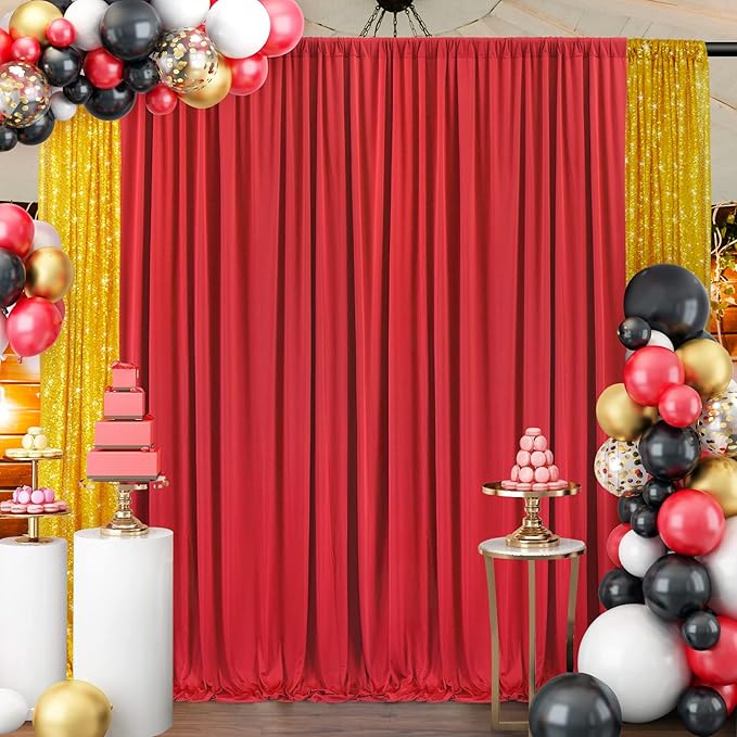 50ft×8ft Red Wrinkle Free Backdrop Curtains for Parties, 10 Panels 5×8ft Soft Silky Photo Backdrop Drapes for Wedding Birthday Party Baby Shower Mother's Day Red Themed Party Photography