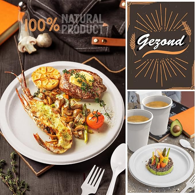 Compostable Paper Plates 350pcs Disposable Plates for Wedding Party Eco-friendly Sugarcane Plates Biodegradable Cutlery Forks Knives Spoons Cups and Straws for 50 People