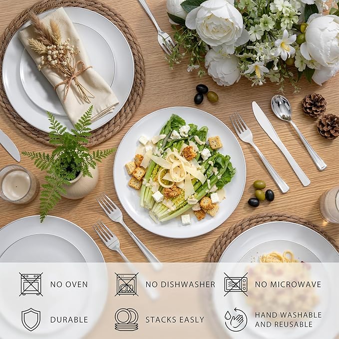 KIRE 200PCS Silver Plastic Plates - White Plastic Plates with Silver Rim Include 100 Dinner Plate and 100 for Dessert/Salad Plate for Birthday/Wedding/Party for Christmas