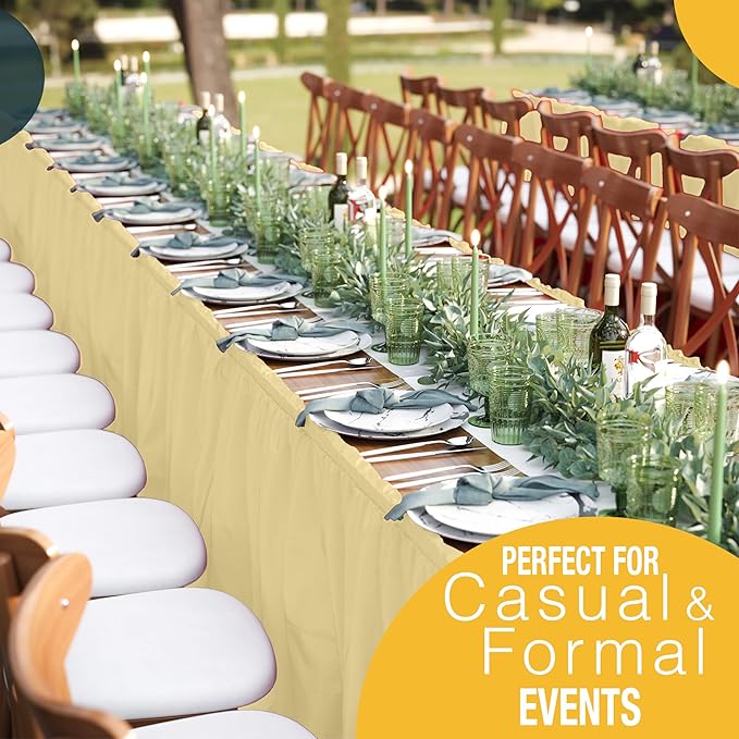 Exquisite Ruffle Table Skirt Light Yellow 48 Pack 14 Ft Long Table Skirts for Rectangle Tables 6ft Plus or Round Tables Skirts with Adhesive Strip for Gender Reveal Decor & Happy Birthday Parties