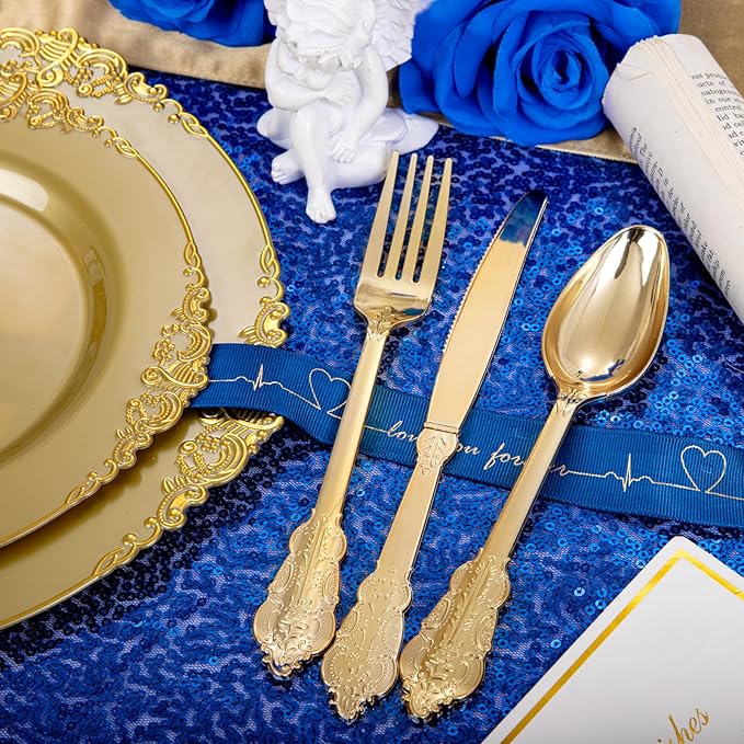 Morejoy 175PCS Solid Gold Plastic Plates with Gold Rim，gold disposable dinnerware sets Include 25 Dinner Plates,25 Dessert Plates,25 Cutlery Sets,25 Napkins Perfect for Party & Christmas